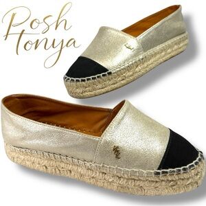 Kurt Geiger Morella Gold Leather Platform Espadrille Size 8 Cap Toe Chic